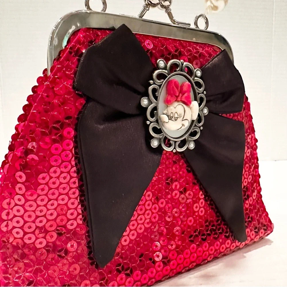 Disney Cameo Minnie Mouse Sequin Bowl Pearl Handle Purse Girl's Small Red Black